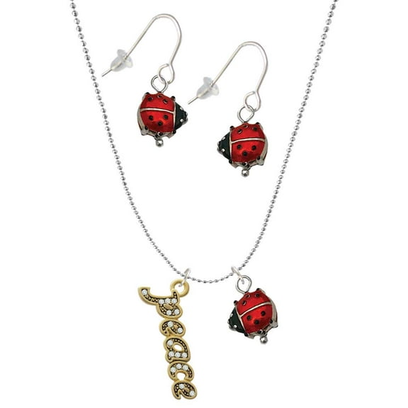 Delight Jewelry Goldtone Crystal Script ''Peace'' Red Lucky Ladybug Necklace and Dangle Earrings Set