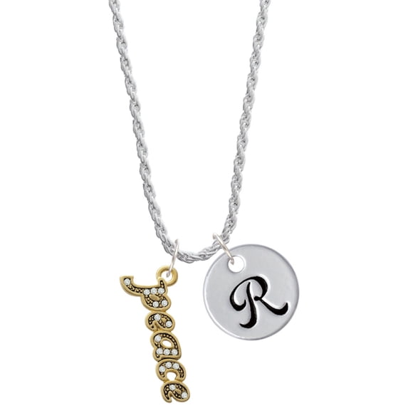 Delight Jewelry Goldtone Crystal Script ''Peace'' Silvertone Script Initial Disc - R - Charm Necklace, 20"+3"