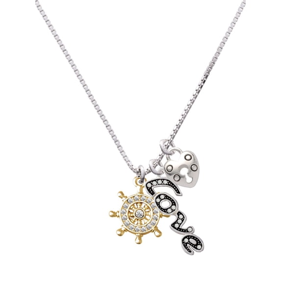Delight Jewelry Goldtone Crystal Ship Wheel - Direction - Love and Lock Charm Necklace, 18"+1"