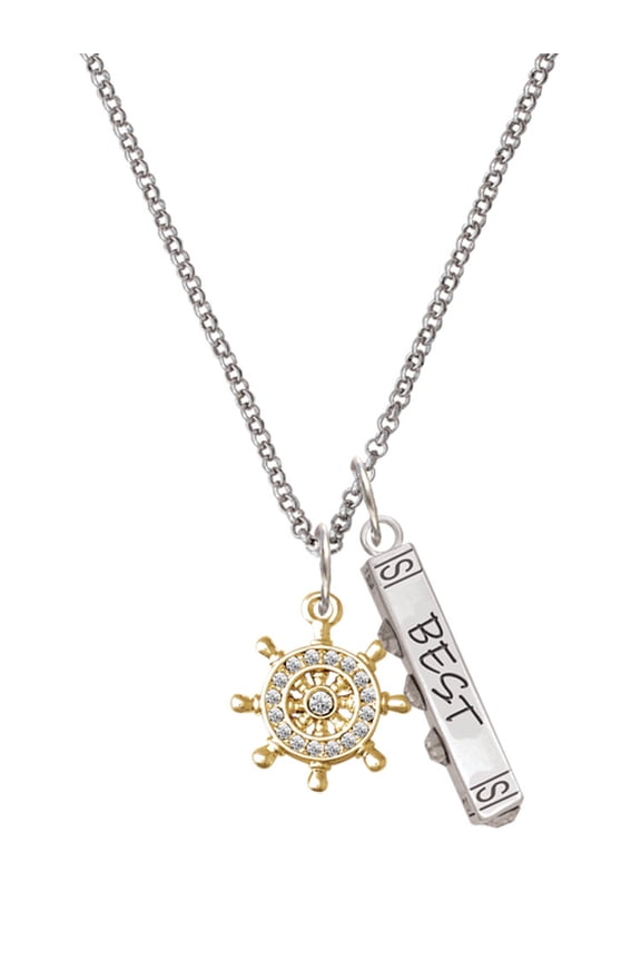 Goldtone Crystal Ship Wheel - Direction Silvertone Best Friends Forever Bar Charm Necklace, 23"