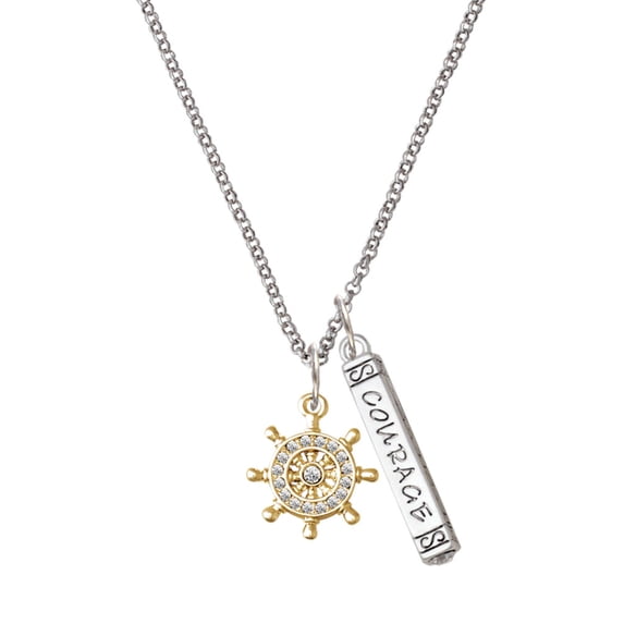 Delight Jewelry Goldtone Crystal Ship Wheel - Direction Silvertone Courage Strength Wisdom Honesty Bar Charm Necklace, 23"