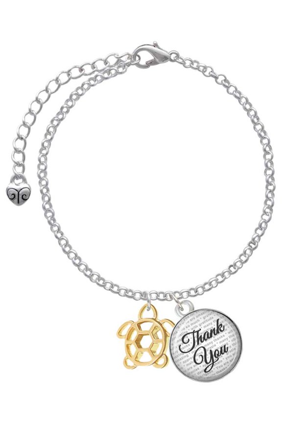 Goldtone Cutout Sea Turtle - Domed Thank You Charm Bracelet, 6"+2"