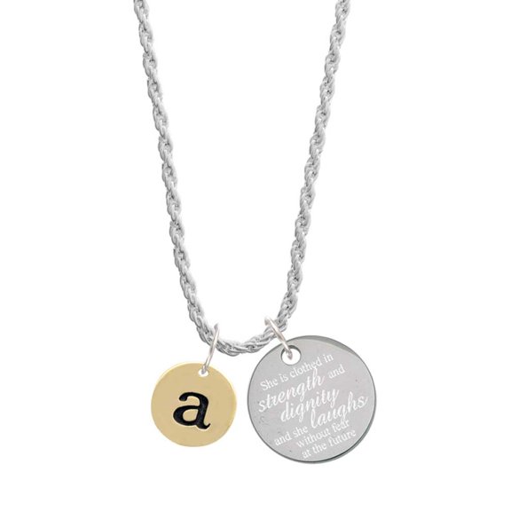 Delight Jewelry Goldtone Disc 1/2'' Initial - a - She is Clothed in Stength and Dignity Charm Necklace, 20"+3"