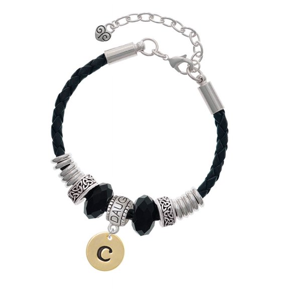 Delight Jewelry Goldtone Disc 1/2'' Initial - c - Daughter Celtic Knot Leather Bead Bracelet, 7"+2" Extender