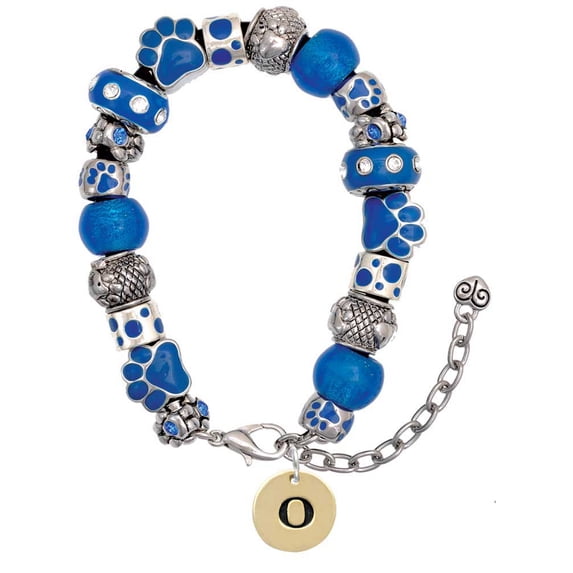 Delight Jewelry Goldtone Disc 1/2'' Initial - o - Blue Paw Print Bead Bracelet, 7"+2"