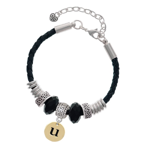 Delight Jewelry Goldtone Disc 1/2'' Initial - u - Best Friend Celtic Knot Leather Bead Bracelet, 7"+2" Extender
