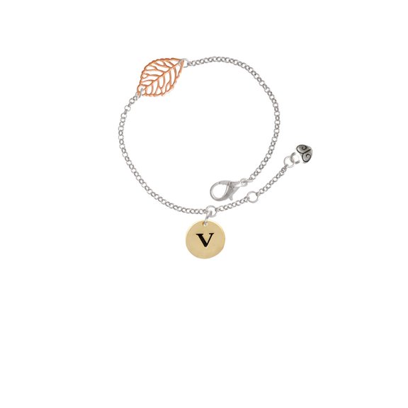 Delight Jewelry Goldtone Disc 1/2'' Initial - v - - Rose Goldtone Leaf Delicate Bracelet, 6.25+1.75"