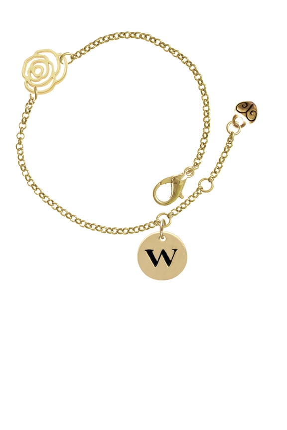 Goldtone Disc 1/2'' Initial - w - Gold-tone Rose Link Chain Bracelet, 6.25"+1.75" Extender