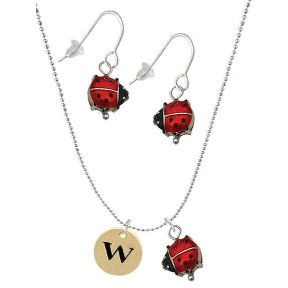Delight Jewelry Goldtone Disc 1/2'' Initial - w - Red Lucky Ladybug Necklace and Dangle Earrings Set