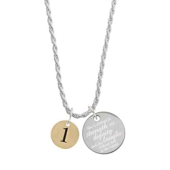 Delight Jewelry Goldtone Disc 1/2'' Number - 1 - She is Clothed in Stength and Dignity Charm Necklace, 20"+3"