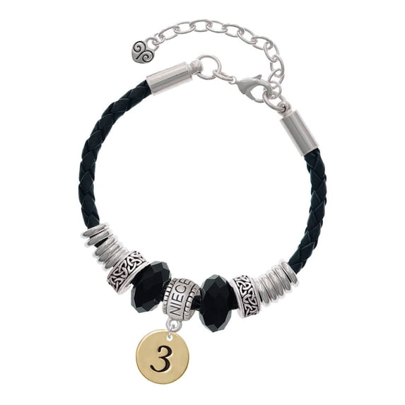 Delight Jewelry Goldtone Disc 1/2'' Number - 3 - Niece Celtic Knot Leather Bead Bracelet, 7"+2" Extender