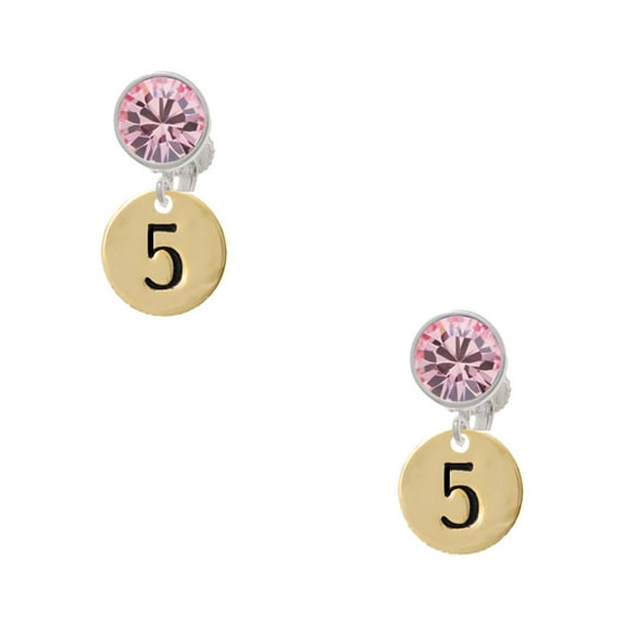 Delight Jewelry Goldtone Disc 1/2'' Number - 5 - Pink Crystal Clip on Earrings