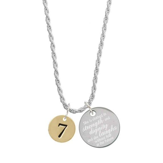 Delight Jewelry Goldtone Disc 1/2'' Number - 7 - She is Clothed in Stength and Dignity Charm Necklace, 20"+3"