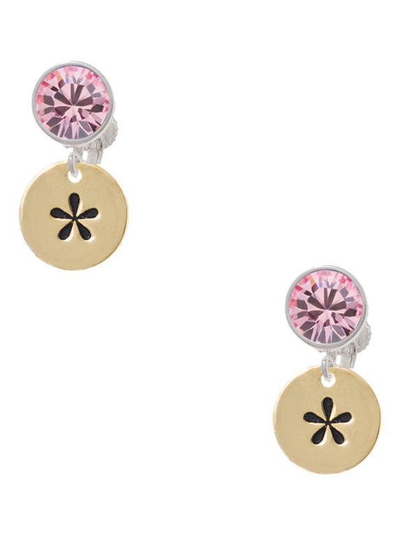Goldtone Disc 1/2'' - Symbol - Asterisk - * - Pink Crystal Clip on Earrings
