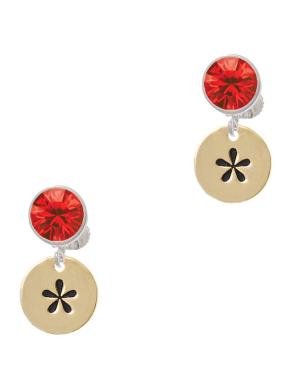 Goldtone Disc 1/2'' - Symbol - Asterisk - * - Red Crystal Clip on Earrings