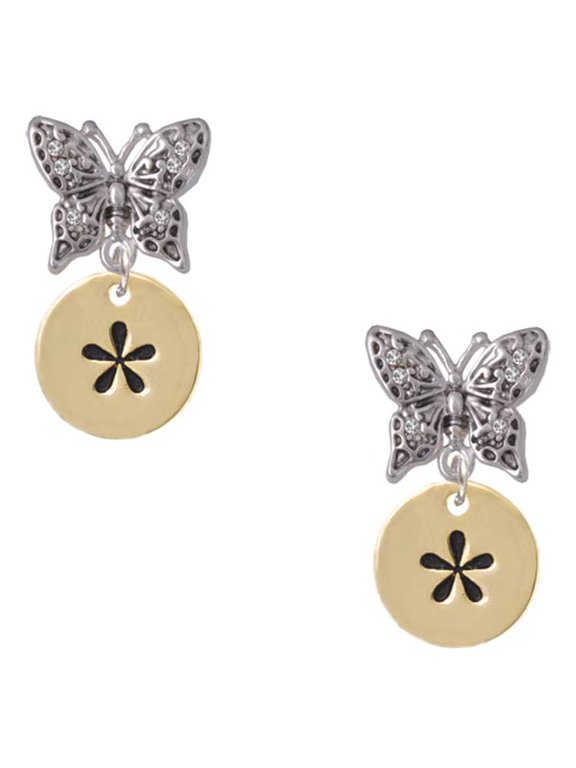 Goldtone Disc 1/2'' - Symbol - Asterisk - * - Silvertone Antiqued Butterfly Post Earrings