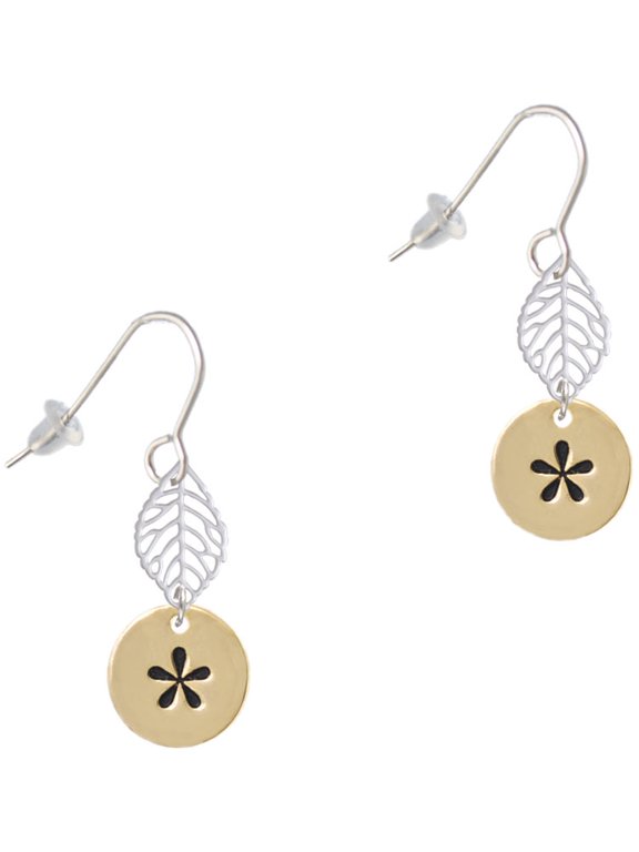 Goldtone Disc 1/2'' - Symbol - Asterisk - * - Silvertone Leaf French Earrings