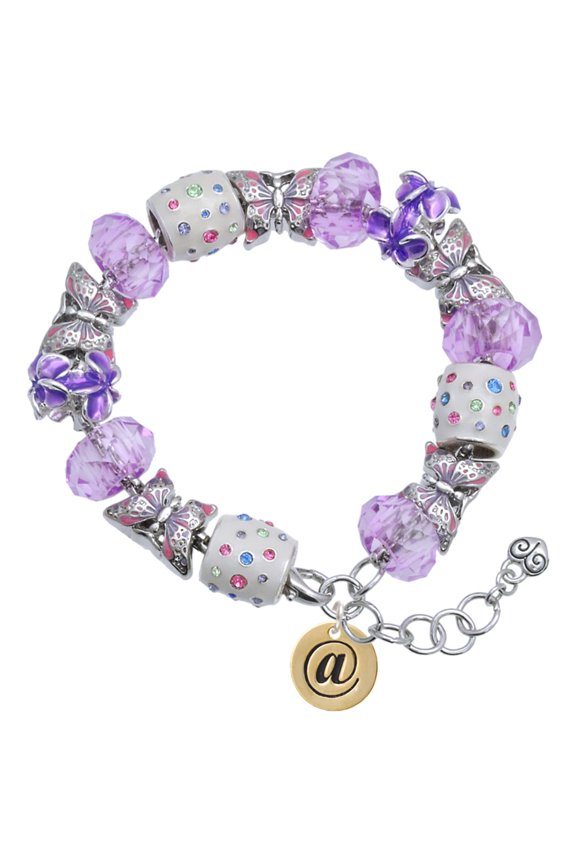 Goldtone Disc 1/2'' - Symbol - At Sign - @ - Purple Butterfly Bead Charm Bracelet, 7"+1" Extender