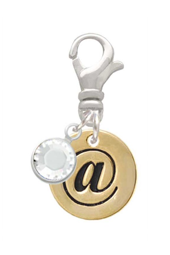 Goldtone Disc 1/2'' - Symbol - At Sign - @ - - Silvertone Clip on Charm with Clear Crystal Drop