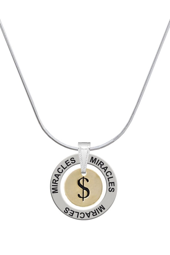 Goldtone Disc 1/2'' - Symbol - Dollar Sign - $ - Miracles Ring Charm Necklace, 18"