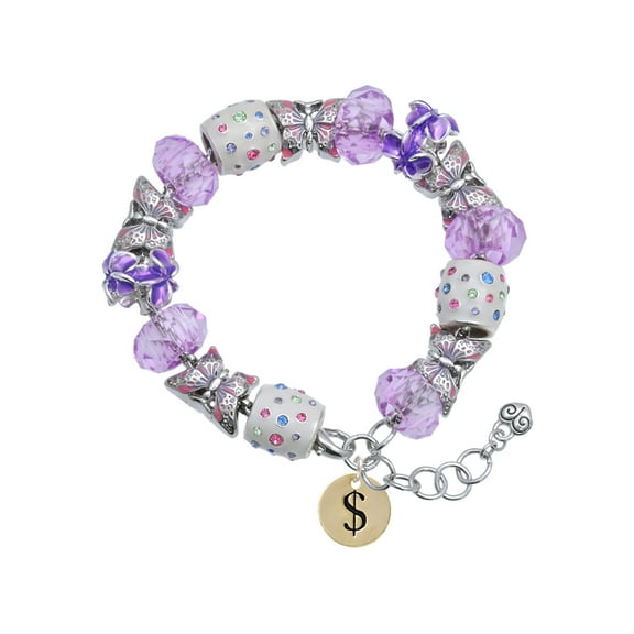 Delight Jewelry Goldtone Disc 1/2'' - Symbol - Dollar Sign - $ - Purple Butterfly Bead Charm Bracelet, 7"+1" Extender