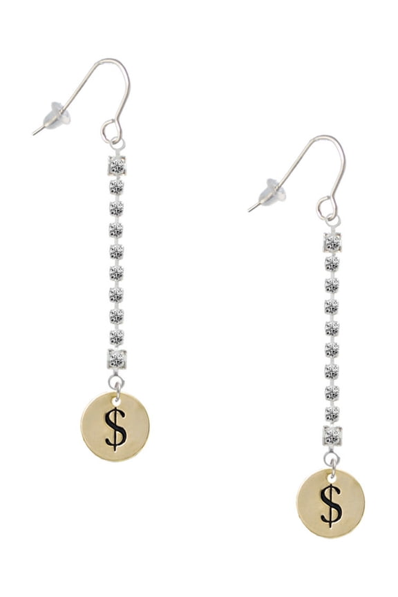Goldtone Disc 1/2'' - Symbol - Dollar Sign - $ - Silver-tone Long Sparkle Dangle French Earrings