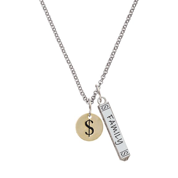 Delight Jewelry Goldtone Disc 1/2'' - Symbol - Dollar Sign - $ - Silvertone Family Bar Charm Necklace, 23"
