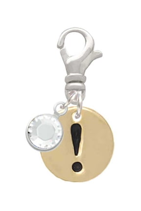 Goldtone Disc 1/2'' - Symbol - Exclamation Point - ! - - Silvertone Clip on Charm with Clear Crystal Drop
