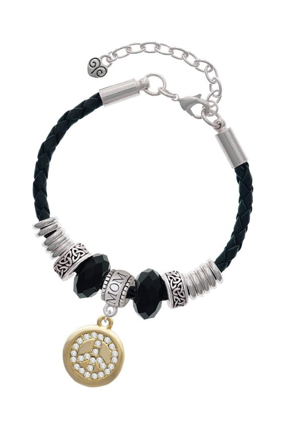 Goldtone Disc with Crystal Peace Sign Mom Celtic Knot Leather Bead Bracelet, 7"+2" Extender