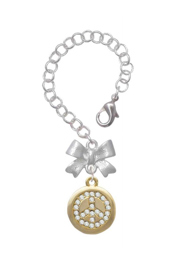 Goldtone Disc with Crystal Peace Sign - Silvertone Bow Charm Accessory for Tumblers and Thermal Cups
