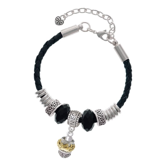 Delight Jewelry Goldtone Dragon with Silvertone Border Spinner Niece Celtic Knot Leather Bead Bracelet, 7"+2" Extender