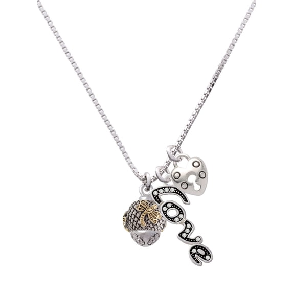 Delight Jewelry Goldtone Dragonfly on Silvertone Hatched Background Spinner - Love and Lock Charm Necklace, 18"+1"