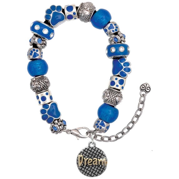 Delight Jewelry Goldtone ''Dream'' on Hatched Disc Blue Paw Print Bead Bracelet, 7"+2"