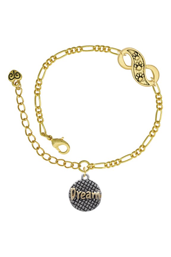 Goldtone ''Dream'' on Hatched Disc Gold-tone Paw Infinity Link Chain Bracelet, 6"+2" Extender