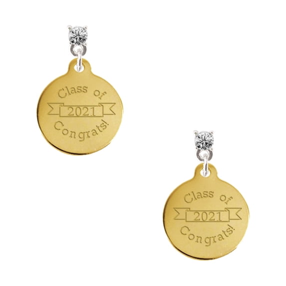 Delight Jewelry Goldtone Engraved Class of 2021 Clear Crystal Post Earrings