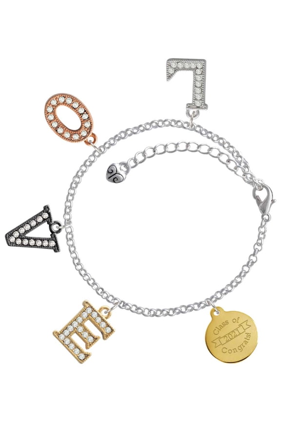 Goldtone Engraved Class of 2021 Multi-Colored Crystal Love Charm Bracelet