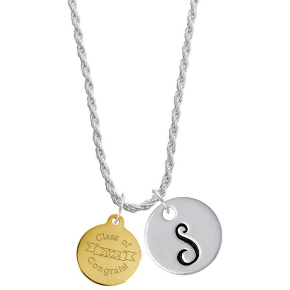 Delight Jewelry Goldtone Engraved Class of 2024 Silvertone Script Initial Disc - S - Charm Necklace, 20"+3"
