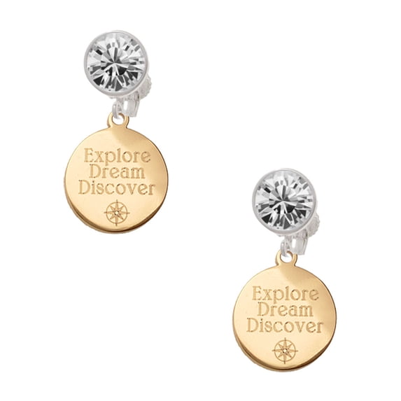 Delight Jewelry Goldtone Engraved Explore Dream Discover Large Clear Crystal Clip On Earrings