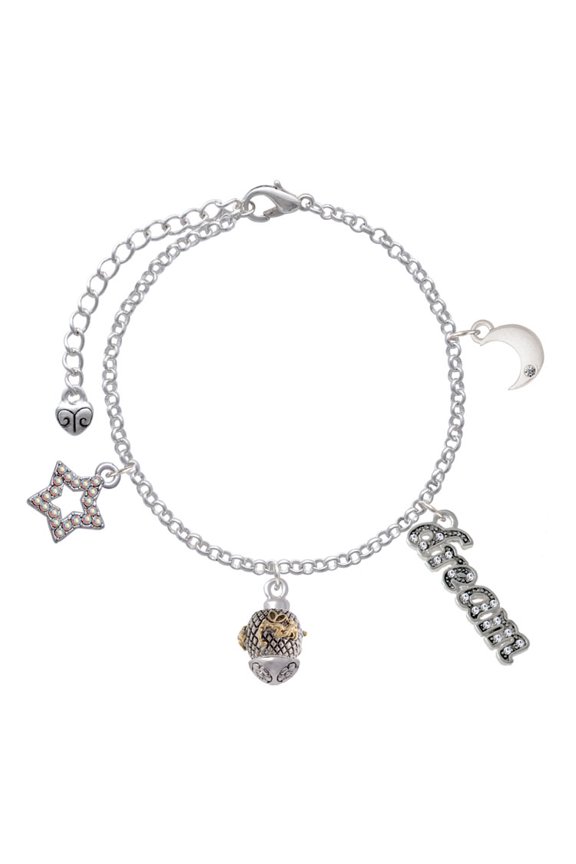 Goldtone Fairy on Silvertone Hatched Background Spinner Silvertone Dream Big Charm Bracelet, 7.5+2" Extender