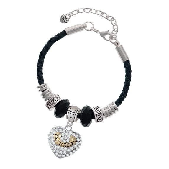 Delight Jewelry Goldtone 'Faith Rocks' on Clear Crystal Heart Middle Sister Celtic Knot Leather Bead Bracelet, 7"+2" Extender