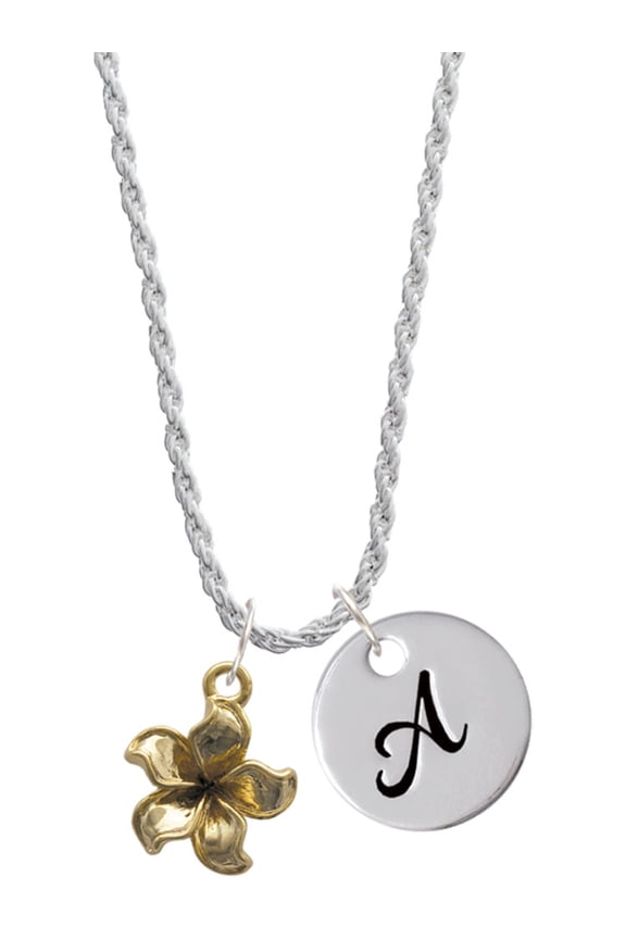 Goldtone Flower Silvertone Script Initial Disc - A - Charm Necklace, 20"+3"