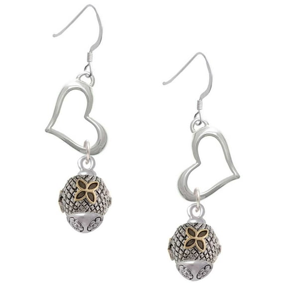 Delight Jewelry Goldtone Flower on Silvertone Hatched Background Spinner Open Heart French Earrings