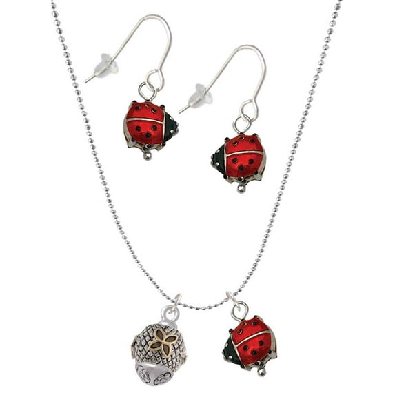 Delight Jewelry Goldtone Flower on Silvertone Hatched Background Spinner Red Lucky Ladybug Necklace and Dangle Earrings Set