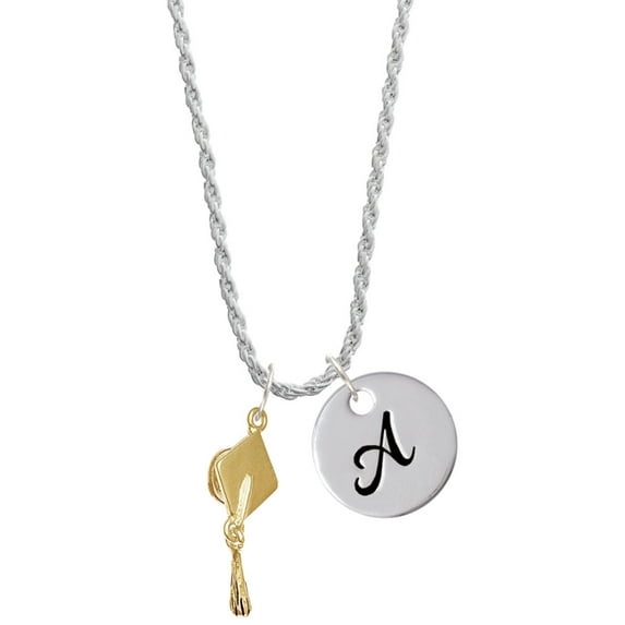 Delight Jewelry Goldtone Graduation Hat Silvertone Script Initial Disc - A - Charm Necklace, 20"+3"