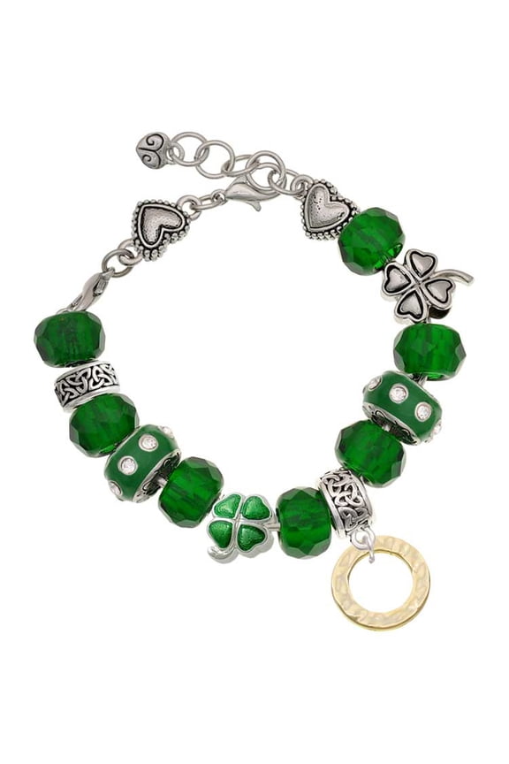 Goldtone Hammered Karma Ring - Green Irish Luck Bead Charm Bracelet, 7.5"
