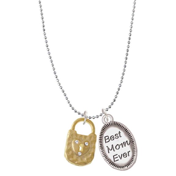 Delight Jewelry Goldtone Hammered Lock with Heart Crystals Best Mom Ever Charm Necklace