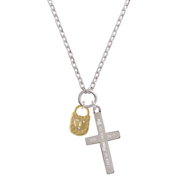 Delight Jewelry Goldtone Hammered Lock with Heart Crystals I Have Plans for You Engraved Cross Zoey Necklace, 28"