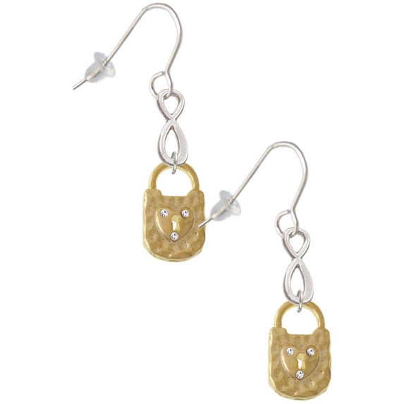Delight Jewelry Goldtone Hammered Lock with Heart Crystals Silver tone Infinity French Earrings