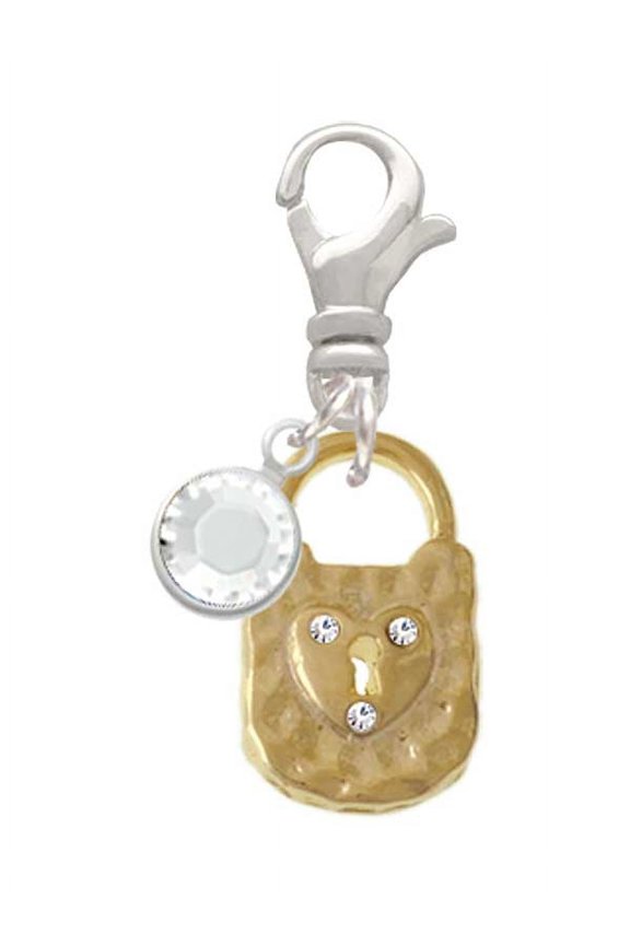 Goldtone Hammered Lock with Heart Crystals - Silvertone Clip on Charm with Clear Crystal Drop