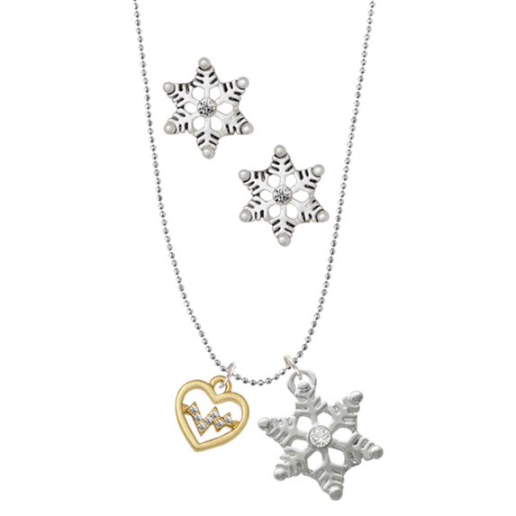 Delight Jewelry Goldtone Heart - Crystal Heartbeat Silver tone Snowflake Charm Necklace and Stud Earrings